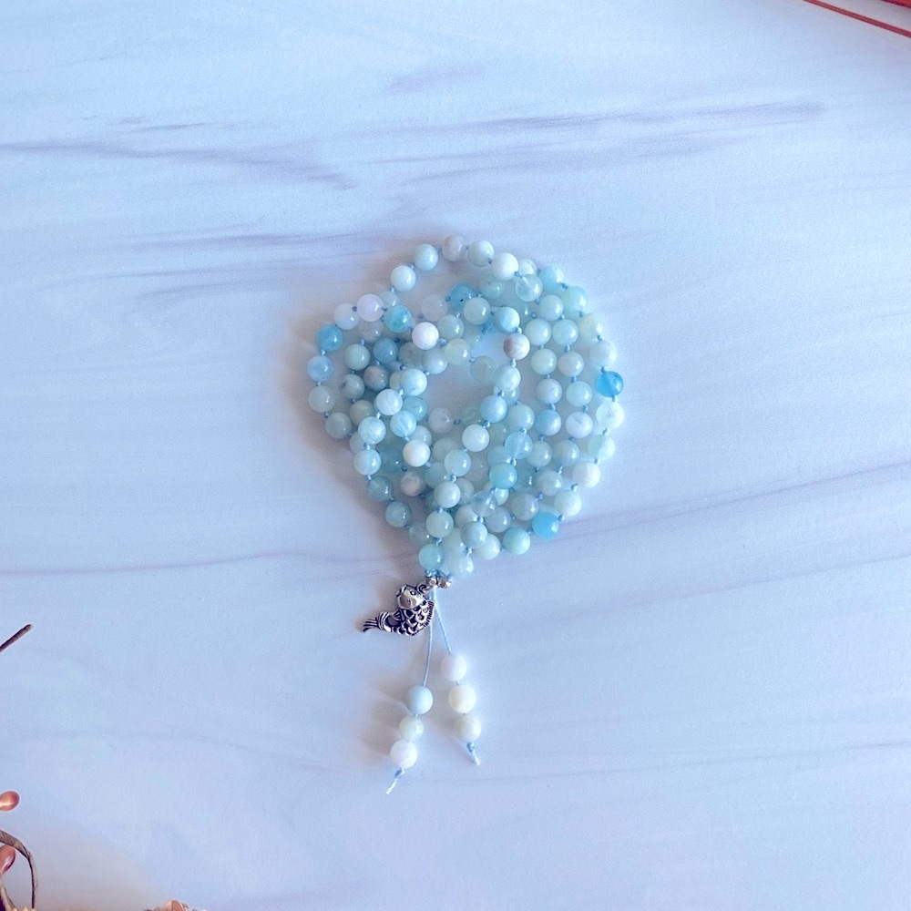 Aquamarine Necklace | Peace | Mala Charm Necklace | Yoga Beads | Prayer Beads